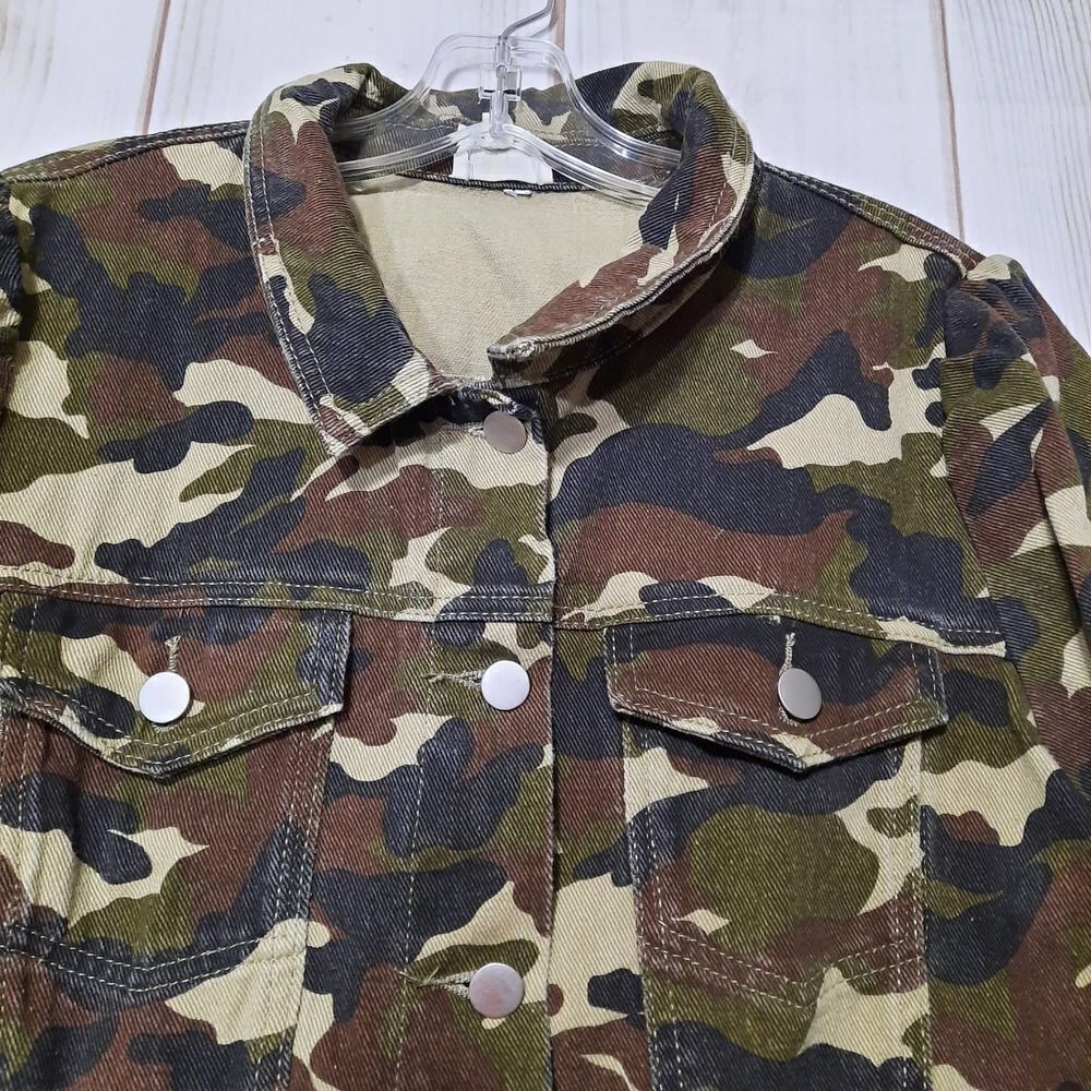 Camo Denim Jacket Button Up 3/4 Sleeve Jean Jacket Military‎ Utility Coat - Picture 4 of 8